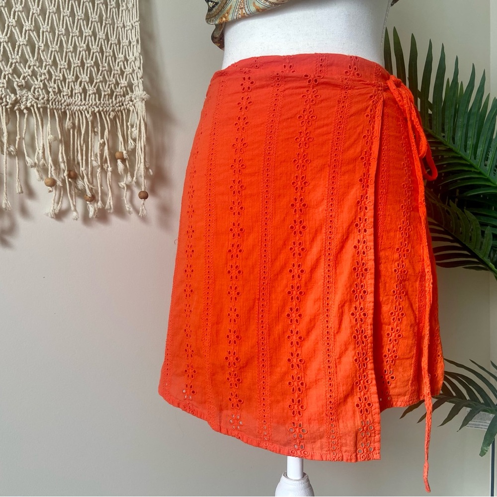 Francesca’s Miami Bright Orange Eyelet Faux Wrap Mini Skirt